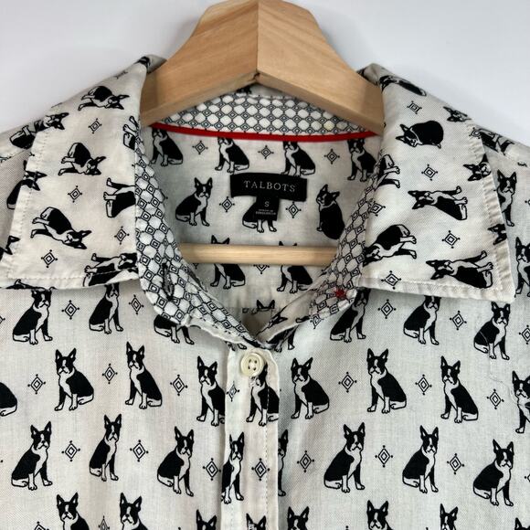 Talbots French Bull Dog Blouse Small Black White Cotton Novelty Print Button Top - Picture 7 of 12